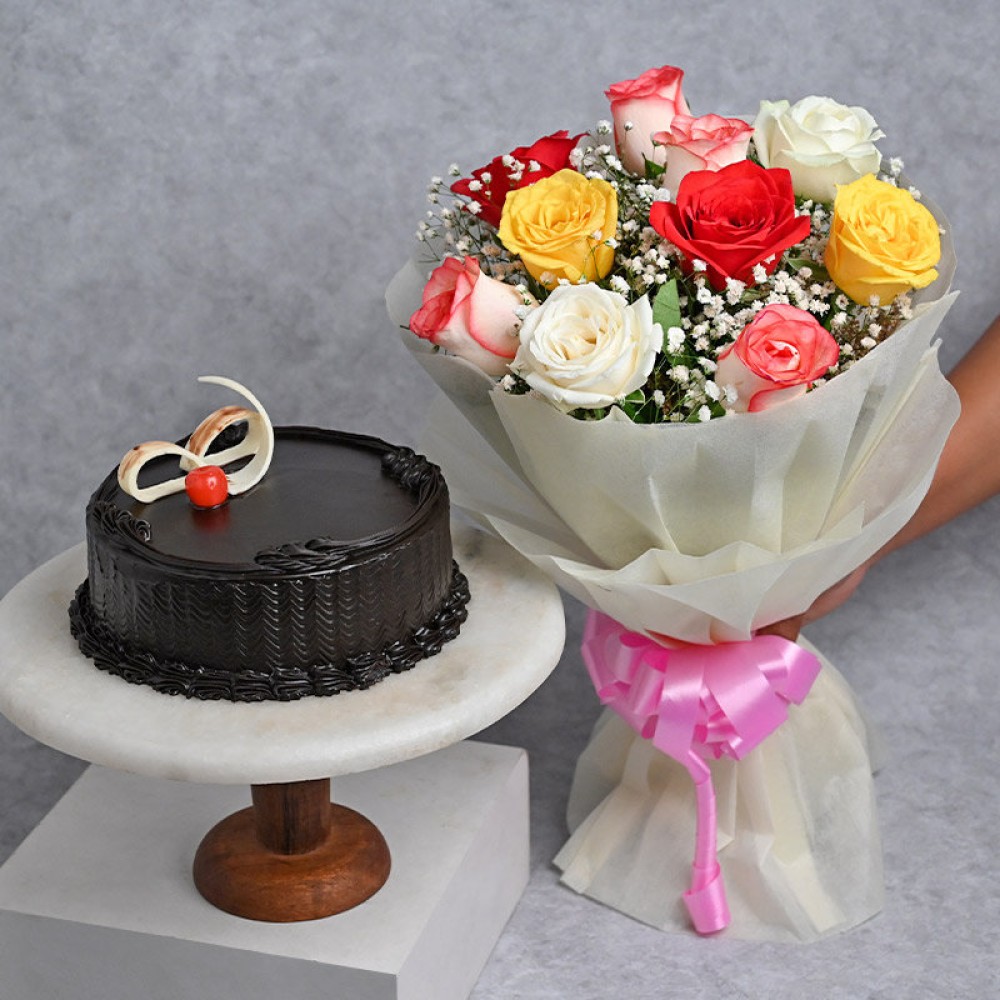 Chocolate Cake With Color Roses Combo