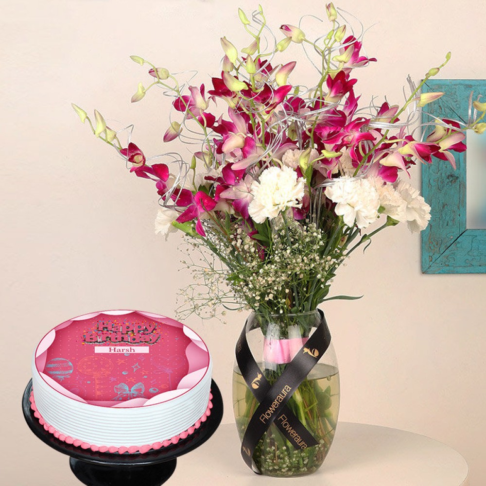 Strawberry Cake With Flower COmbo